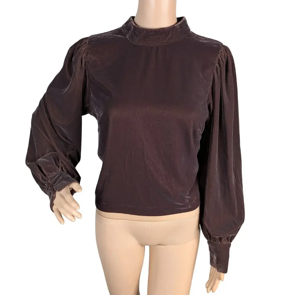 NWT Banana Republic Velvet Open Back Top M Roasted Cocoa Brown Puff Sleeve Mock